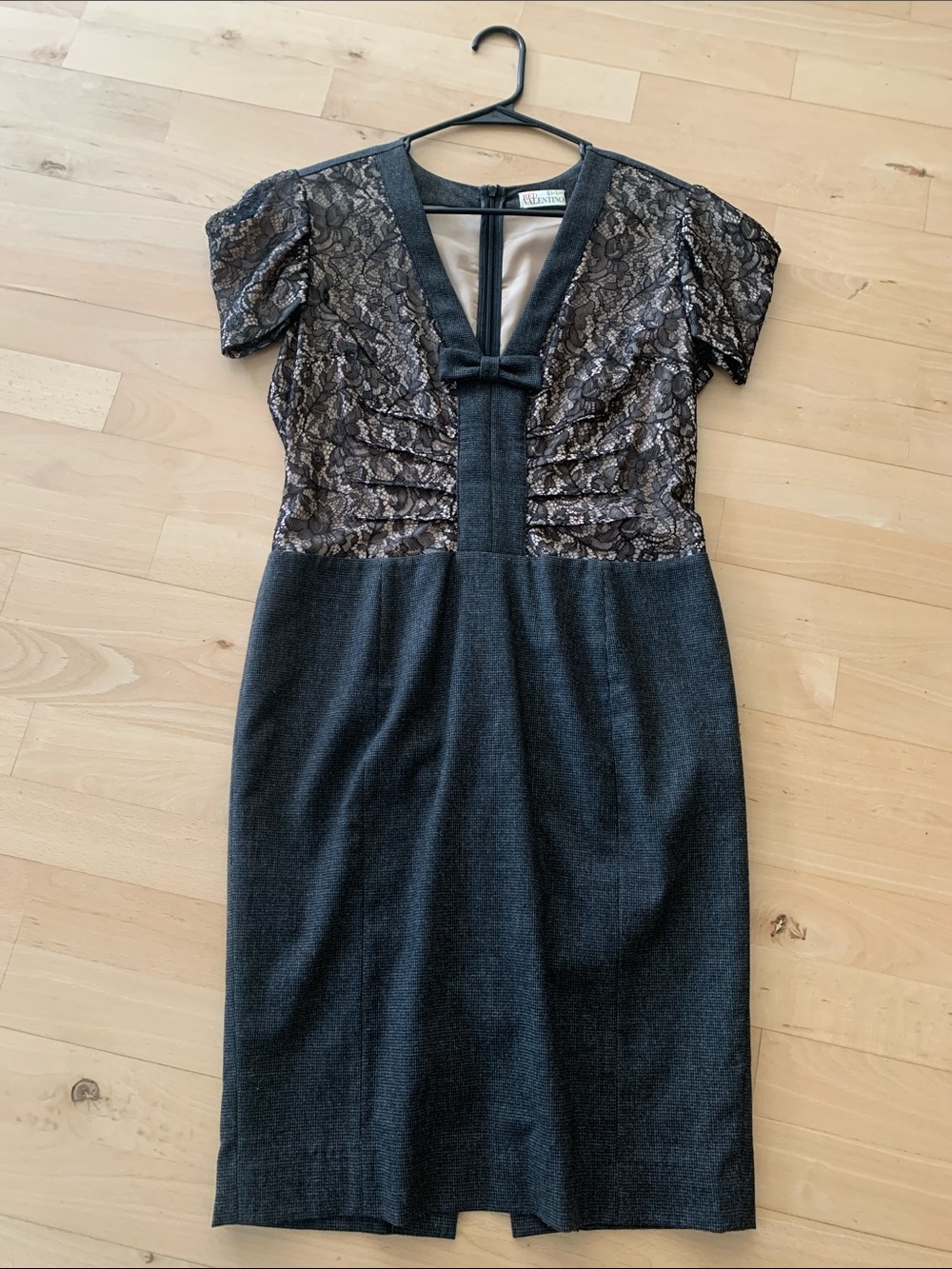 RED Valentino Black Lace-Top Midi Dress with Bow